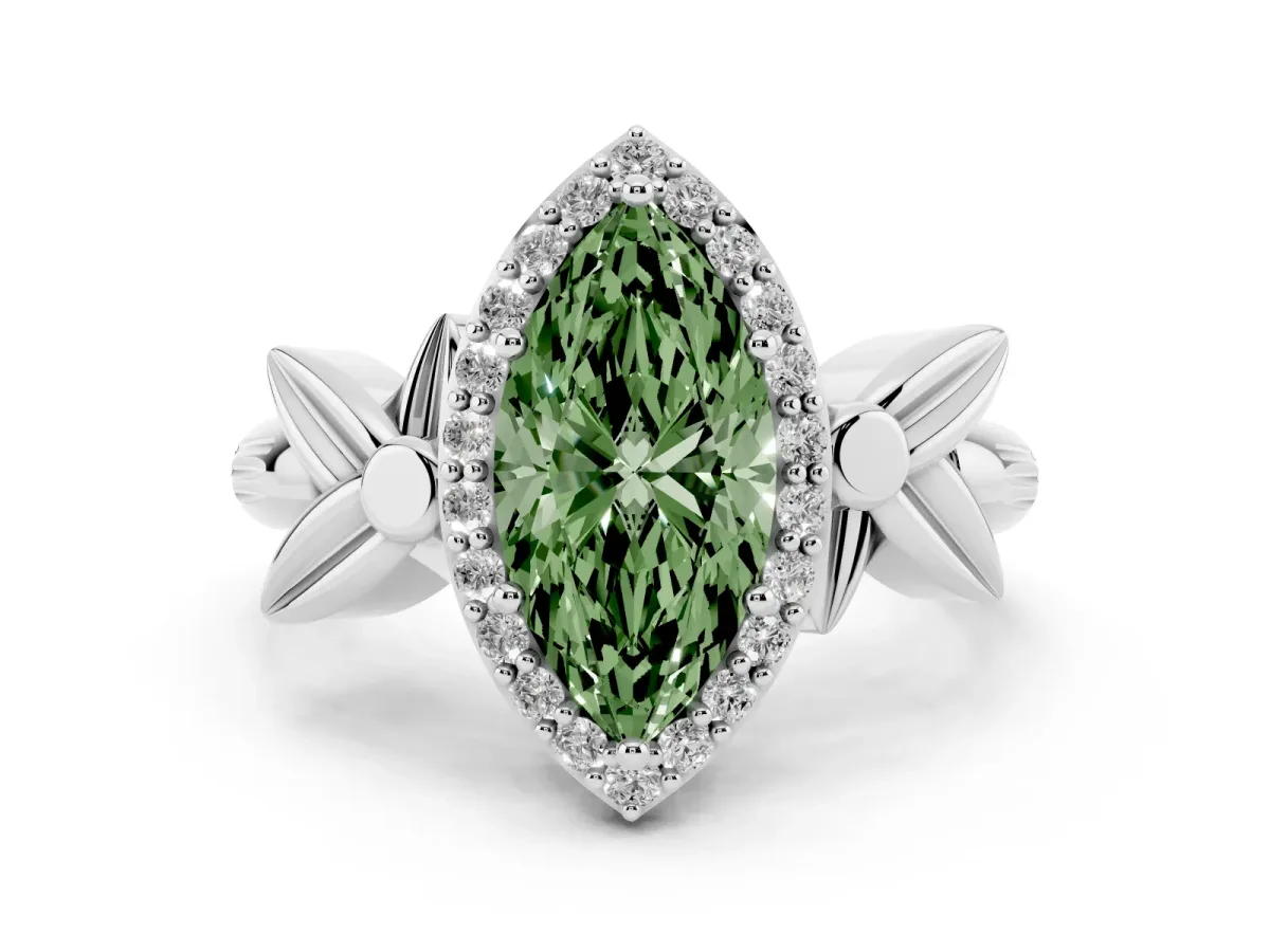 Fancy Green Marquise Cut Halo Diamond Floral Band with Four-Prong Setting White gold
