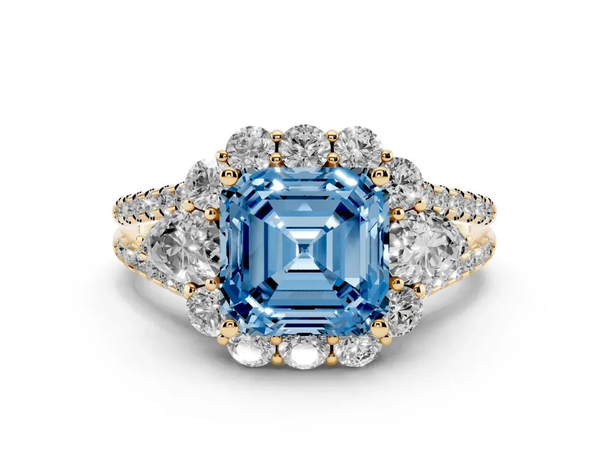 Fancy Blue Asscher Cut Halo Split Shank Diamond Engagement Ring with Prong Setting Yellow gold