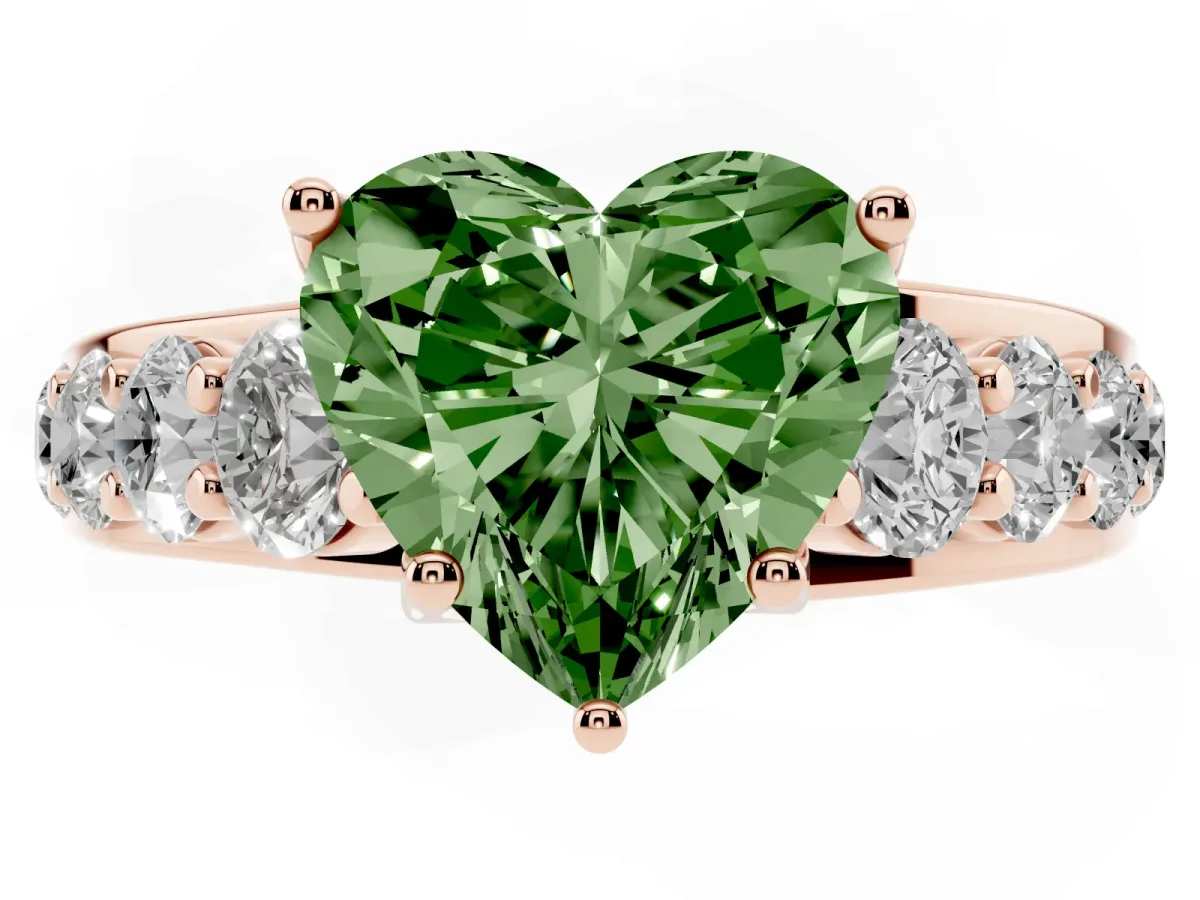 Fancy Green Heart Cut Diamond Engagement Ring with Pavé Band and Four-Prong Setting Rose gold