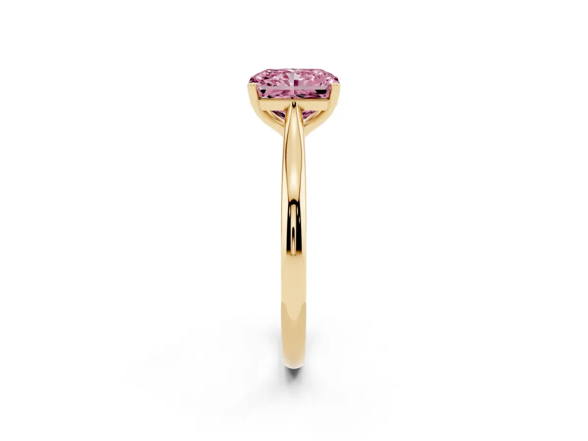 Fancy Pink Radiant Cut Cut Solitaire Ring with Cathedral Band and Four-Prong Setting Yellow gold