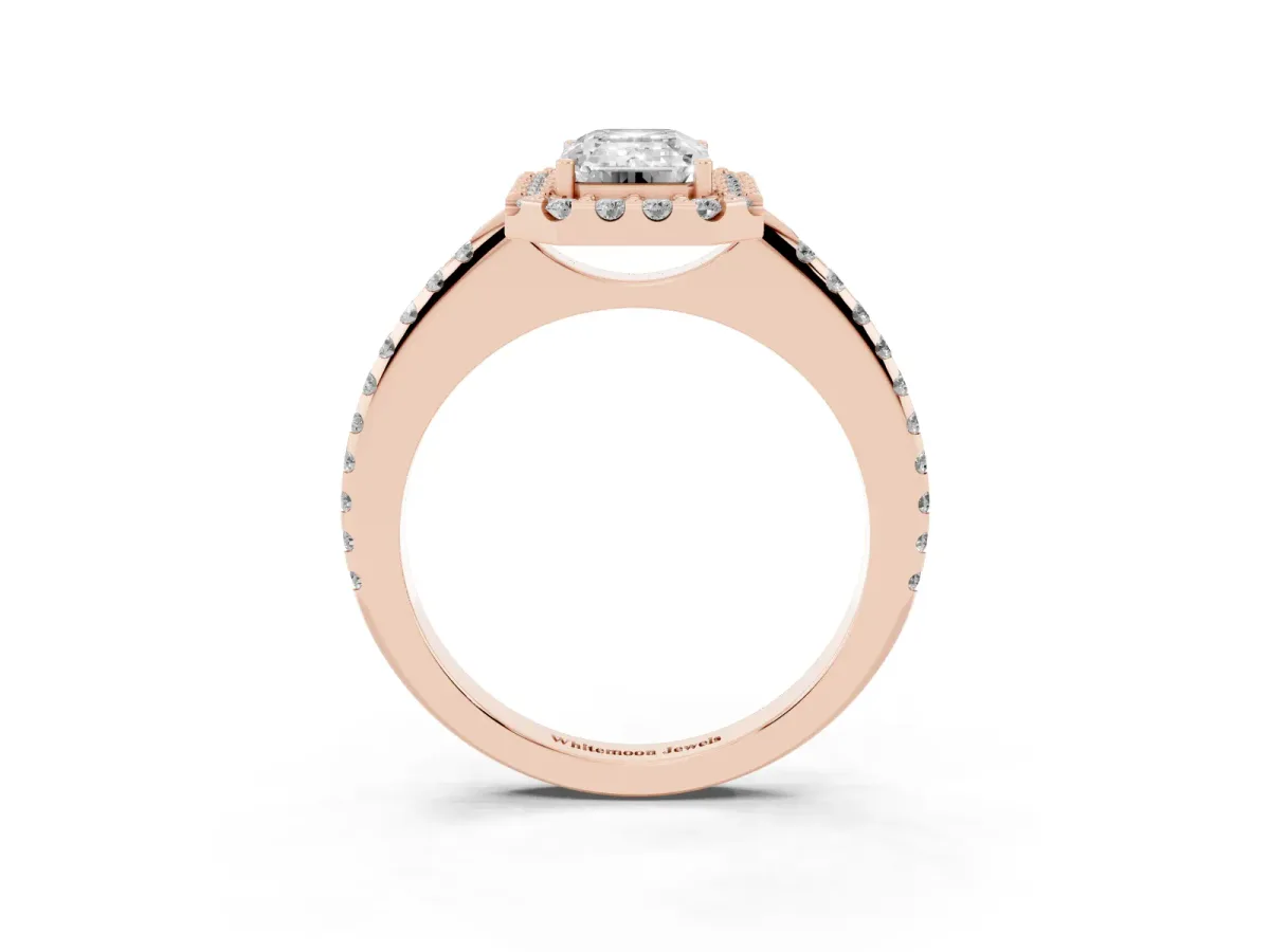 Emerald Cut Diamond Pavé Halo Ring with Four-Prong Setting Rose gold