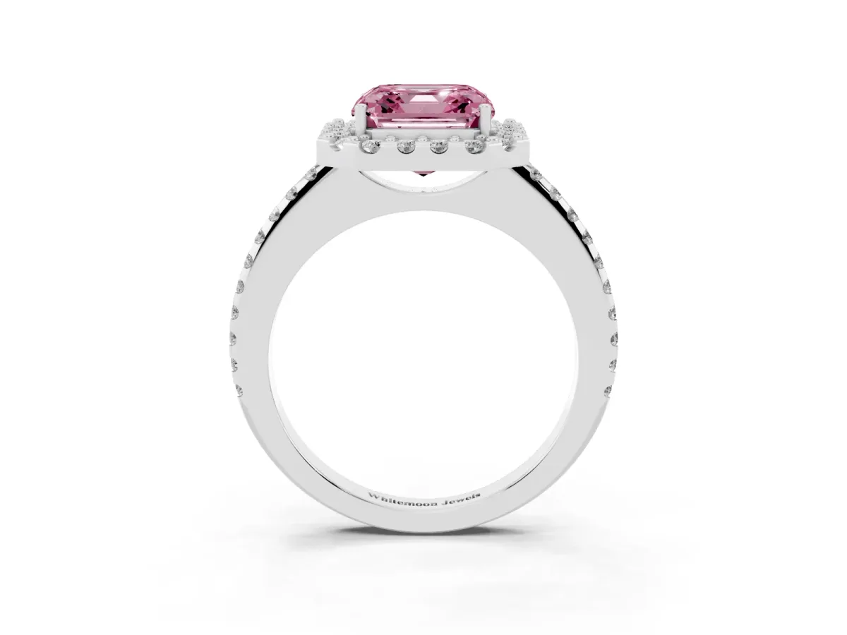 Fancy Pink Asscher Cut Diamond Pavé Halo Ring with Four-Prong Setting Silver