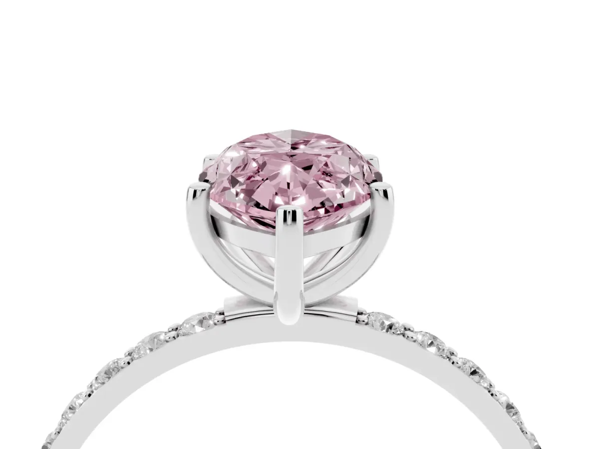 Fancy Pink Marquise Cut Diamond Solitaire Ring with Round Pavé Shoulders and Prong Setting Silver