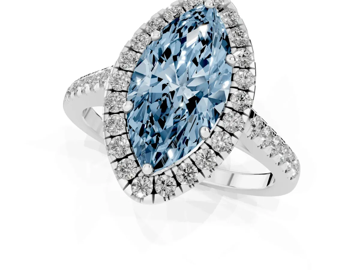 Fancy Blue Marquise Cut Halo Pave Diamond Engagement Ring with Four-Prong Setting Platinum