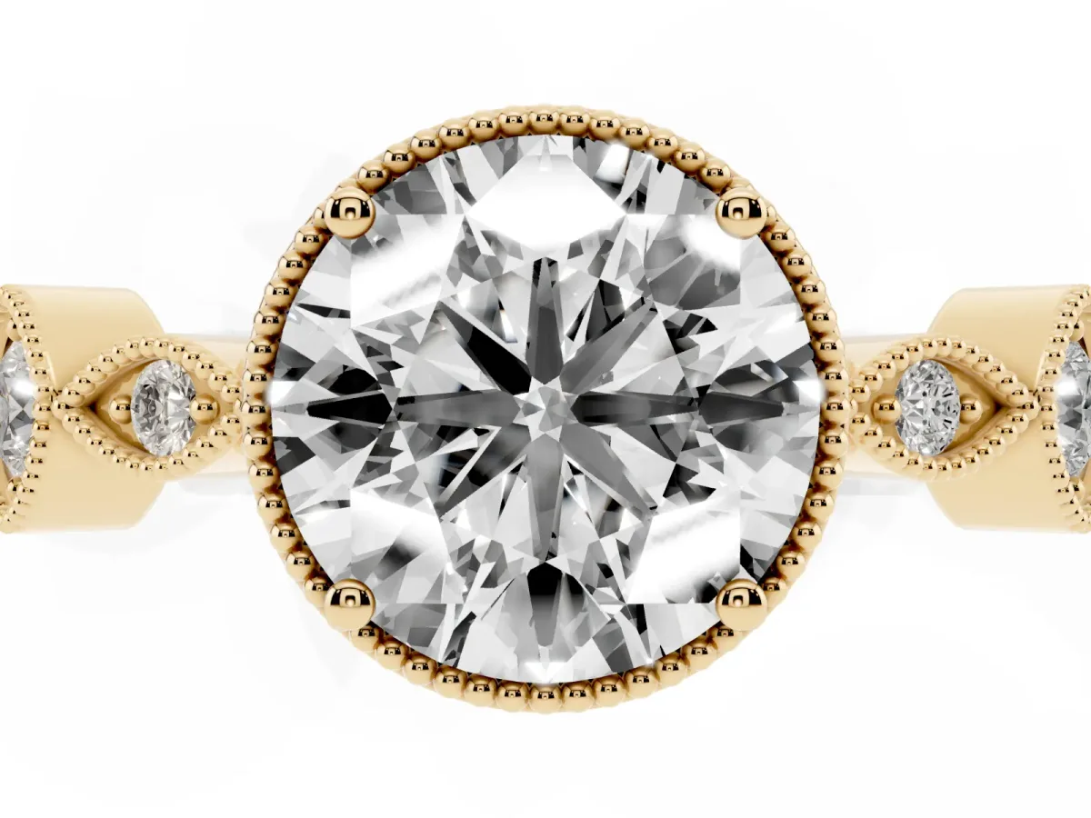 Round Cut Diamond Vintage Milgrain Ring with Round Stations Yellow gold