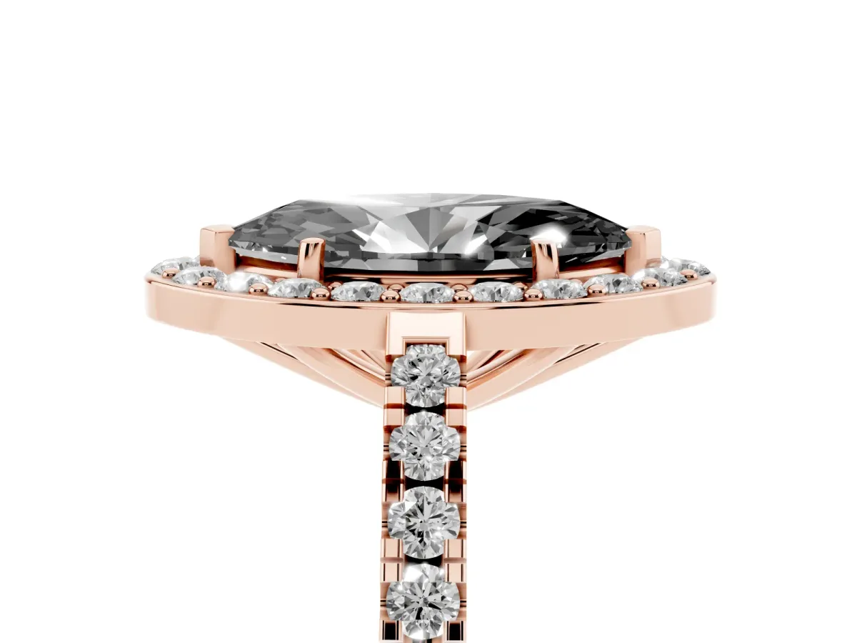 Fancy Black Marquise Cut Diamond Halo Ring with Round Pavé Split Shank and Prong Setting Rose gold