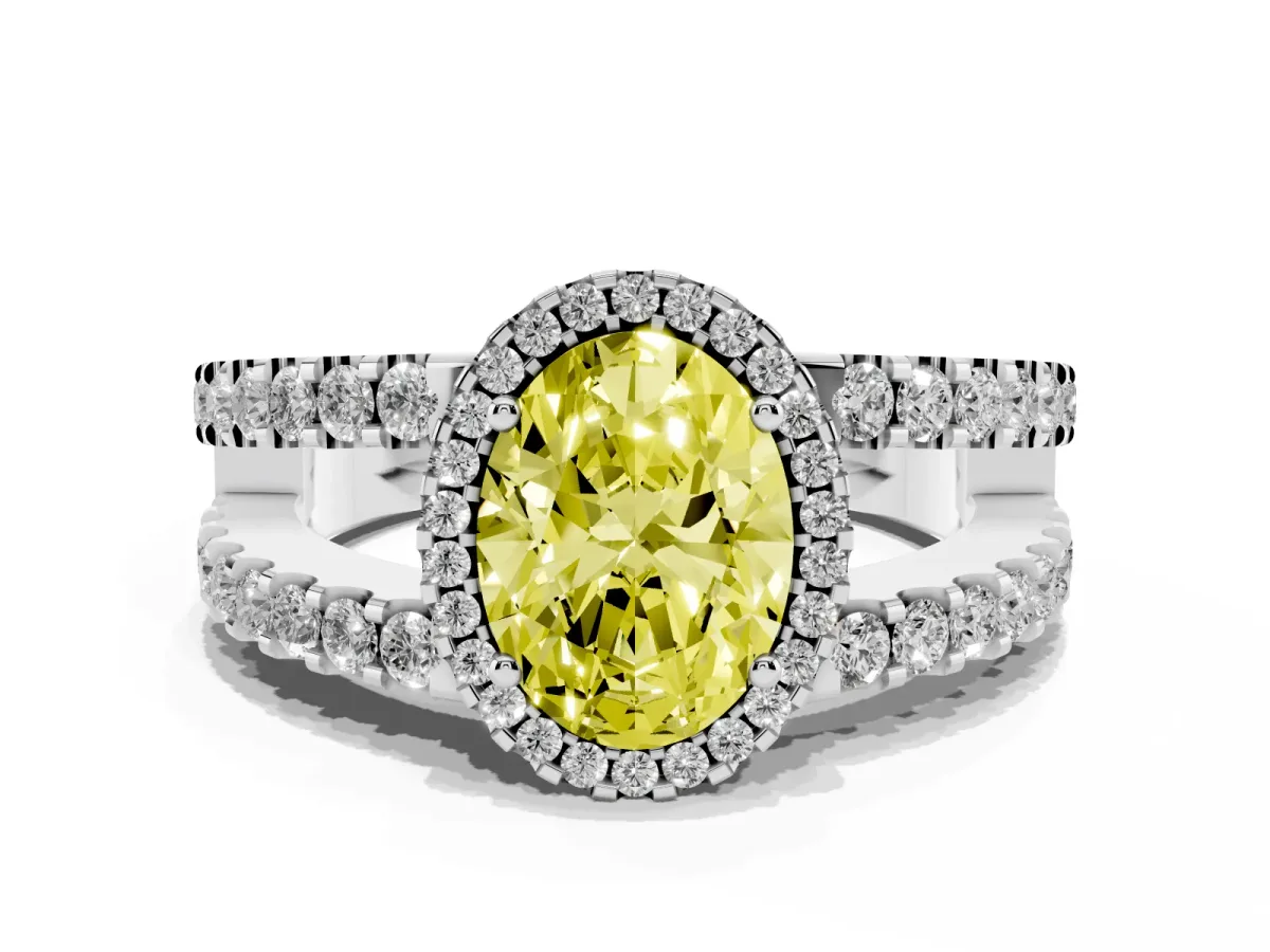 Fancy Yellow Oval Cut Cut Halo Split Shank Diamond Ring with Four-Prong Setting White gold