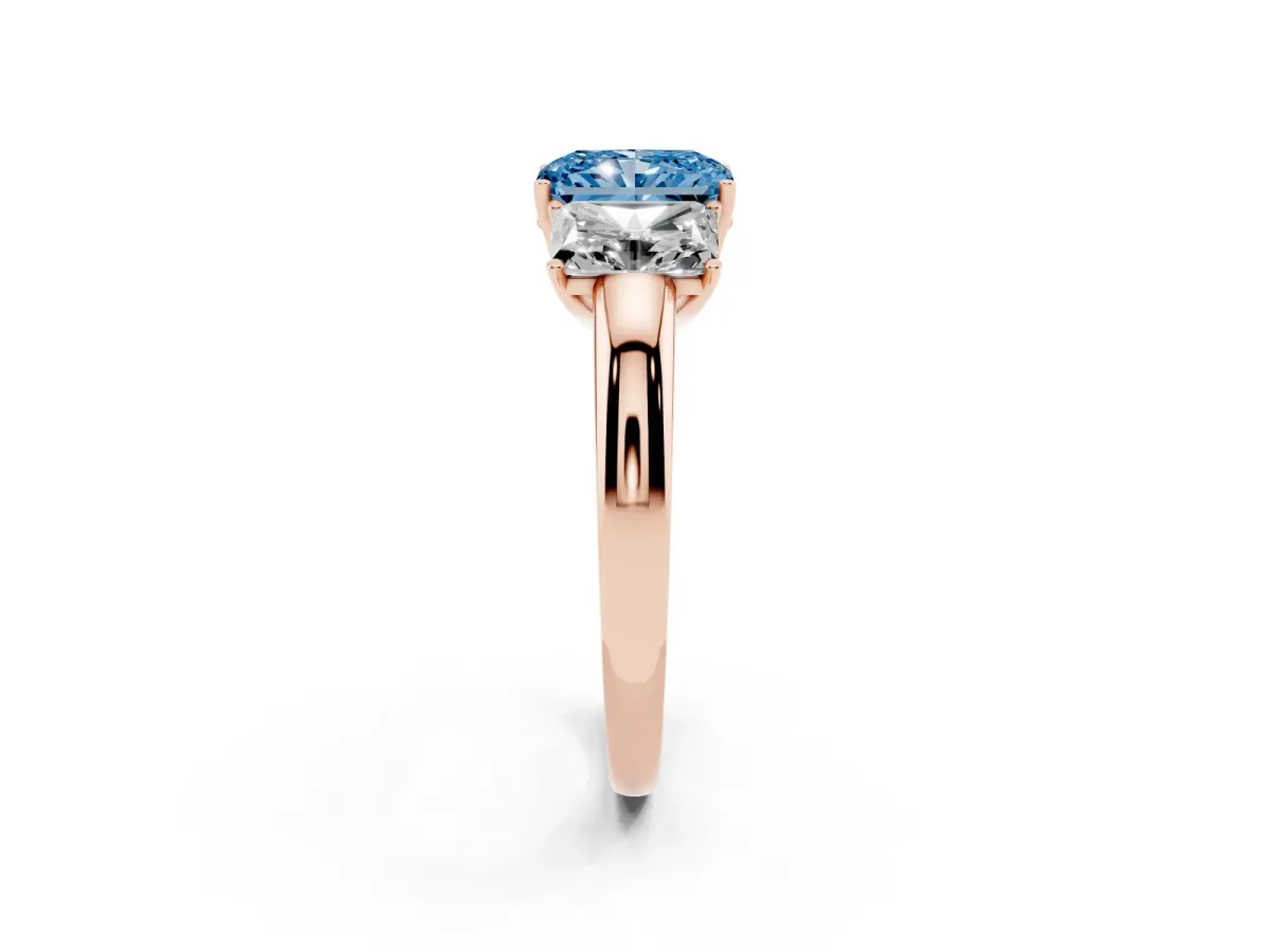 Fancy Blue Radiant Cut Diamond Three-Stone Ring with Four-Prong Setting and Classic Band Rose gold