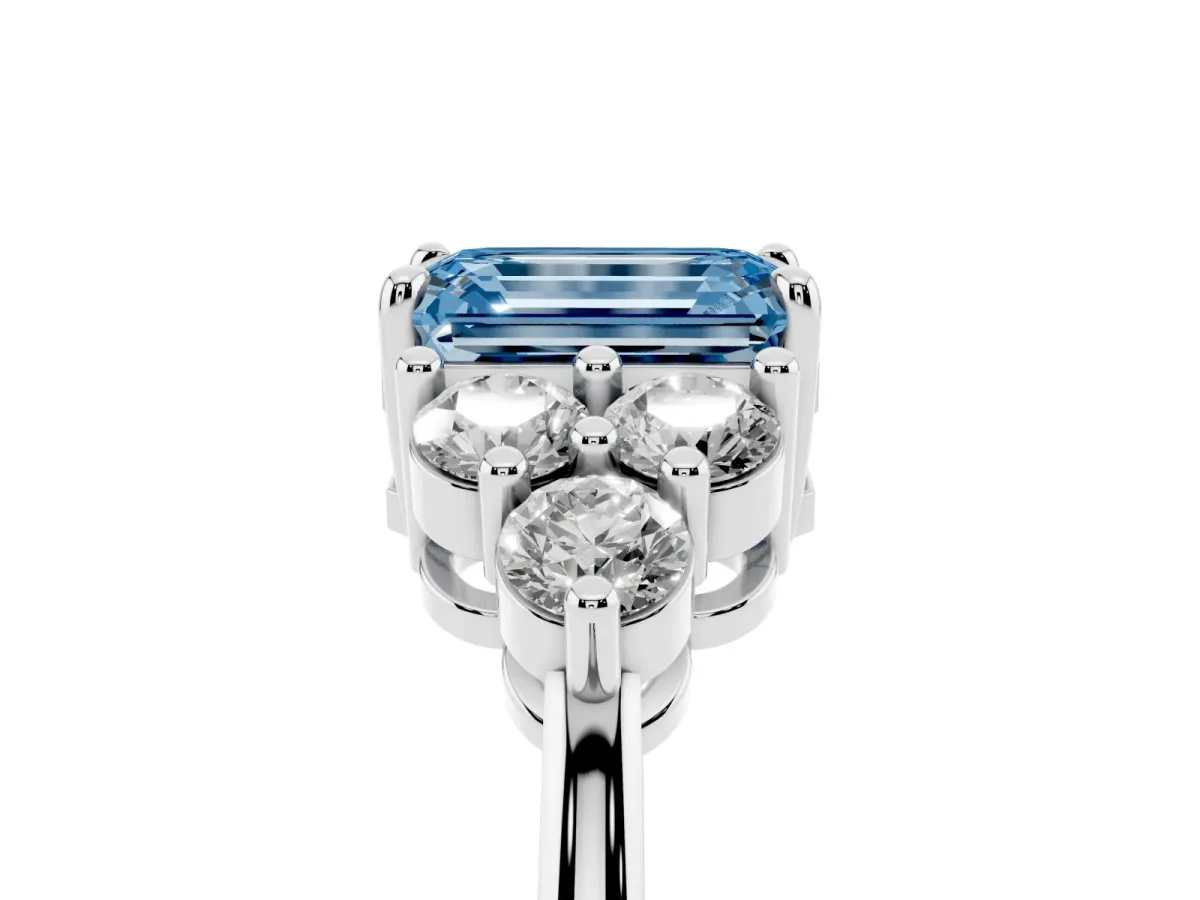 Fancy Blue Emerald Cut Brilliant Diamond Cluster Accent Solitaire Ring with Prong Setting White gold