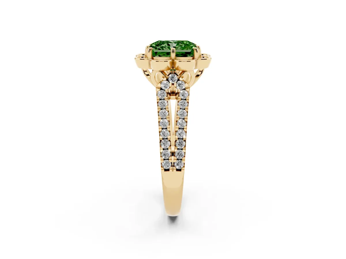 Fancy Green Radiant Cut Halo Diamond Floral Split Shank Engagement Ring Yellow gold