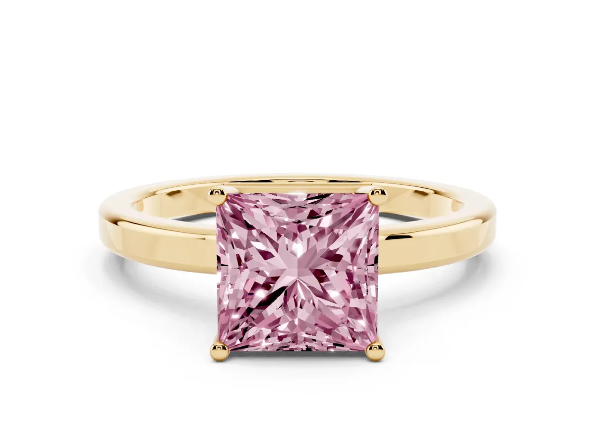 Fancy Pink Princess Cut Cut Solitaire Engagement Ring with Four-Prong Setting on a Classic Band Yellow gold