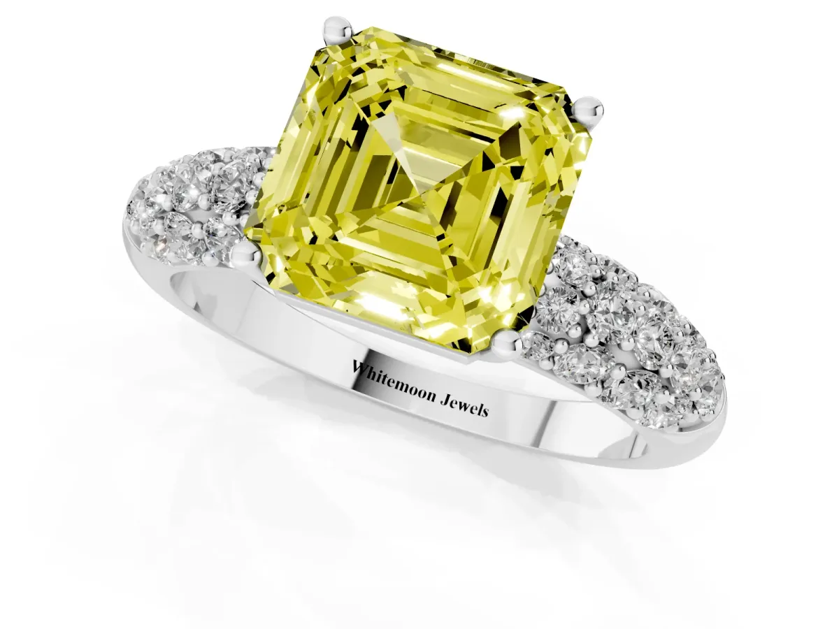 Fancy Yellow Asscher Cut Diamond Pavé Band Solitaire Ring with Four-Prong Setting Platinum