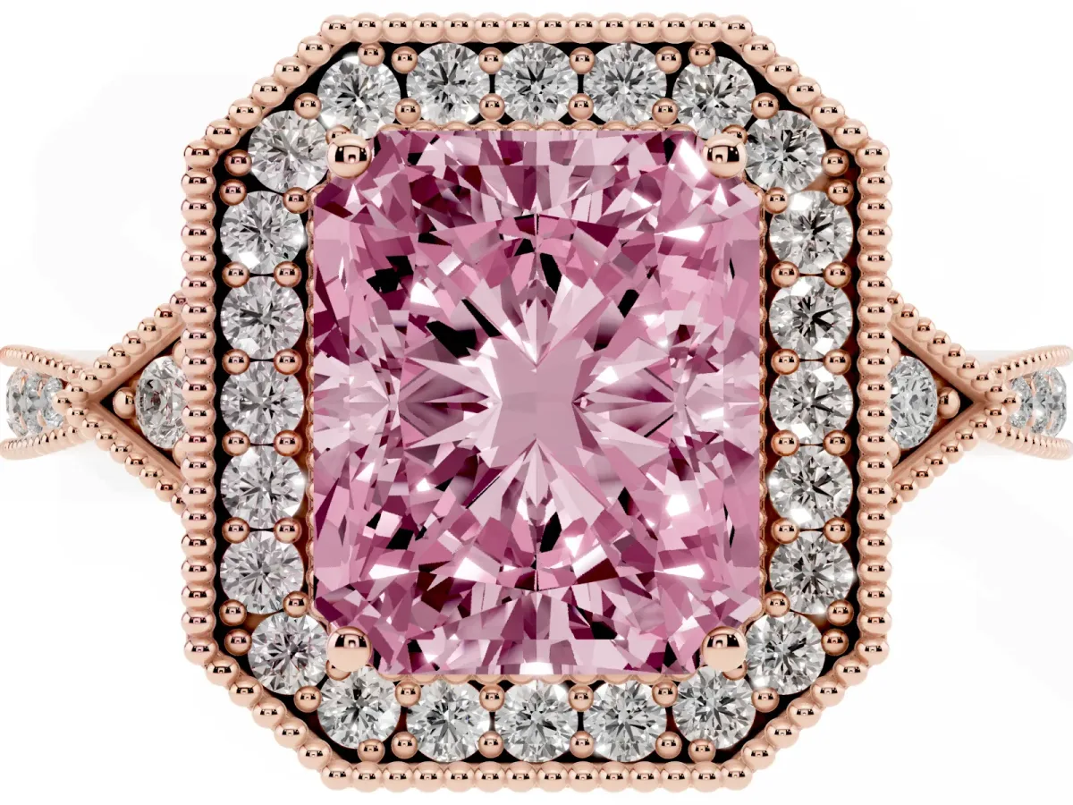 Fancy Pink Radiant Cut Halo Round Diamond Milgrain Pave Engagement Ring Rose gold