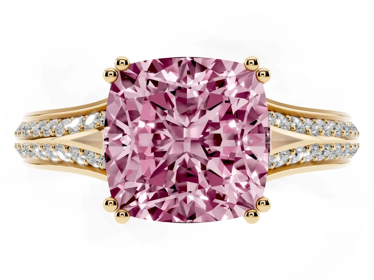 Fancy Pink Cushion Cut Diamond Split Shank Engagement Ring with Pavé Band Yellow gold