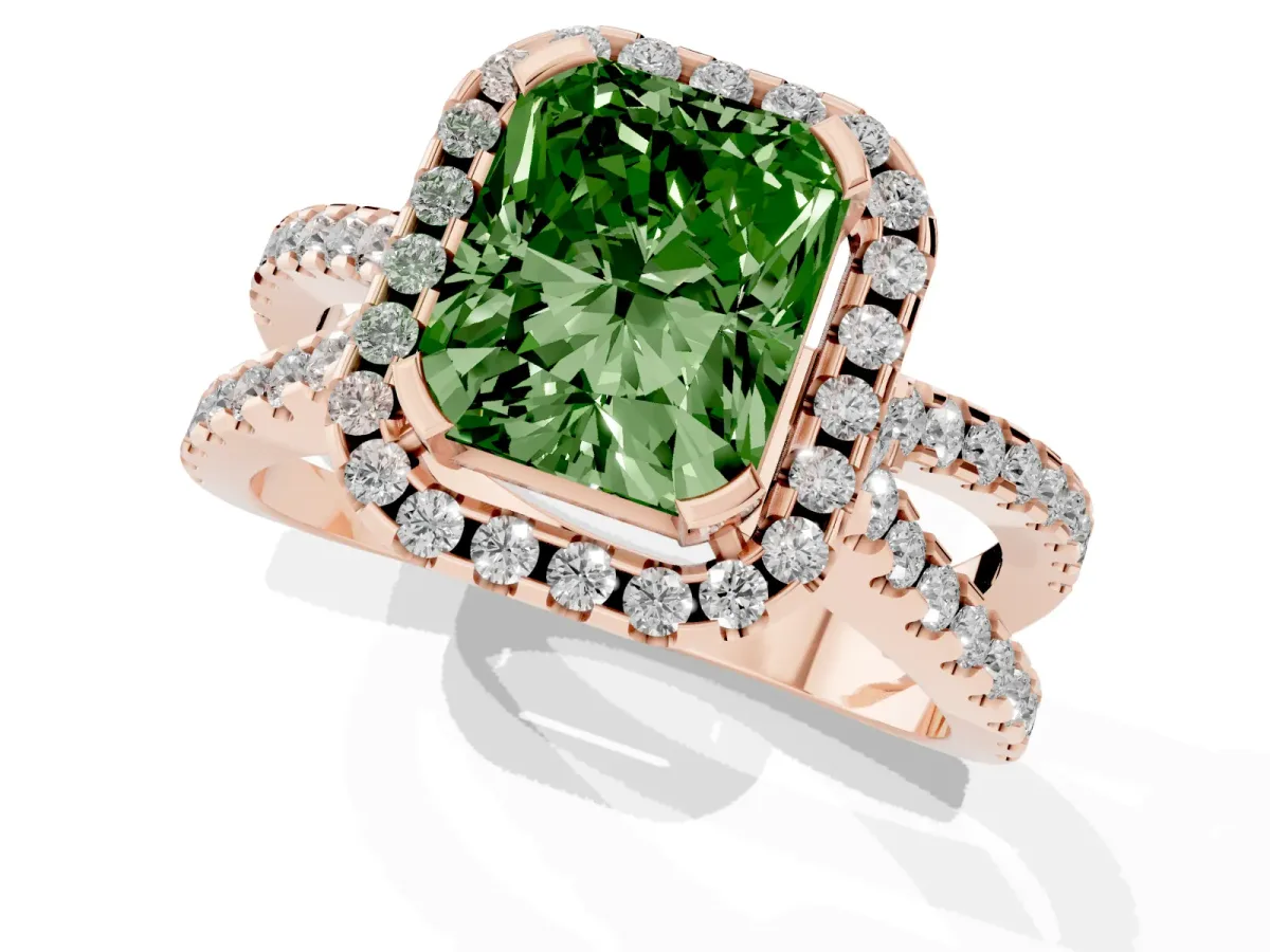 Fancy Green Radiant Cut Diamond Halo Ring with Split Shank Pavé Band and Prong Setting Rose gold