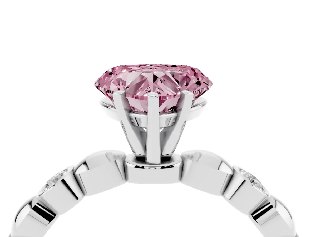 Fancy Pink Heart Cut Solitaire Bezel-Set Diamond Ring with Beaded Band and Four-Prong Setting Silver