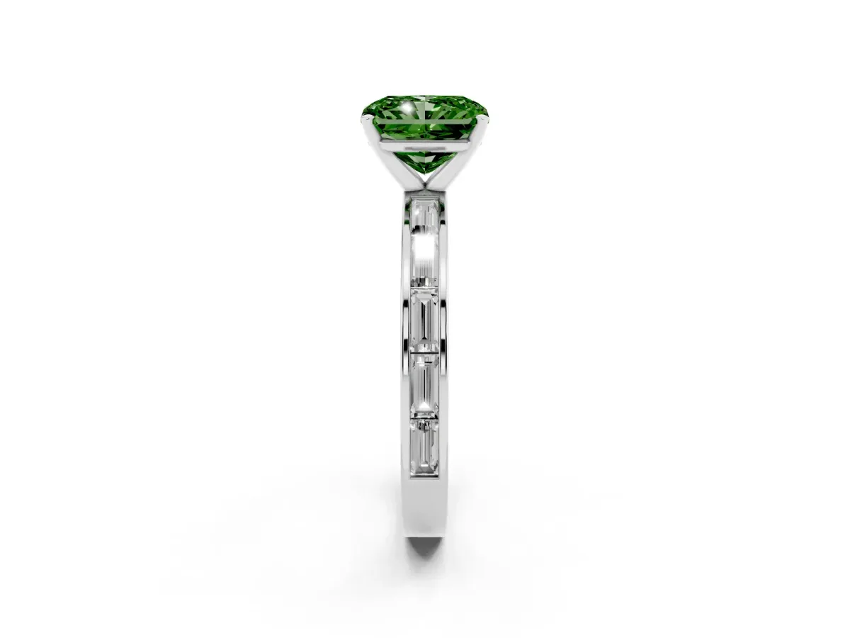 Fancy Green Radiant Cut Solitaire Diamond Ring with Channel-Set Baguette Band and Four-Prong Setting Silver