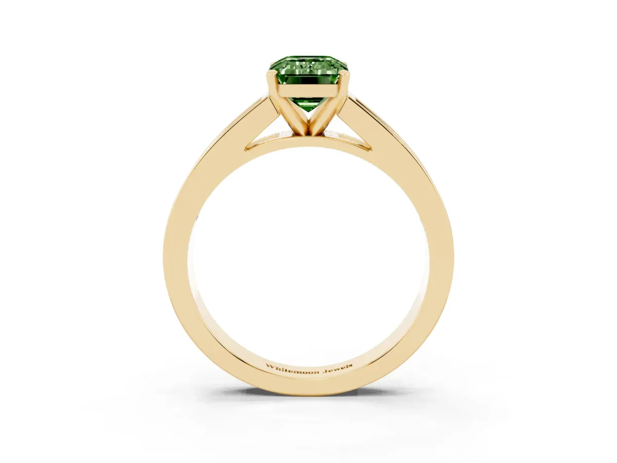 Fancy Green Emerald Cut Solitaire Diamond Ring with Channel-Set Band and Four-Prong Setting Yellow gold