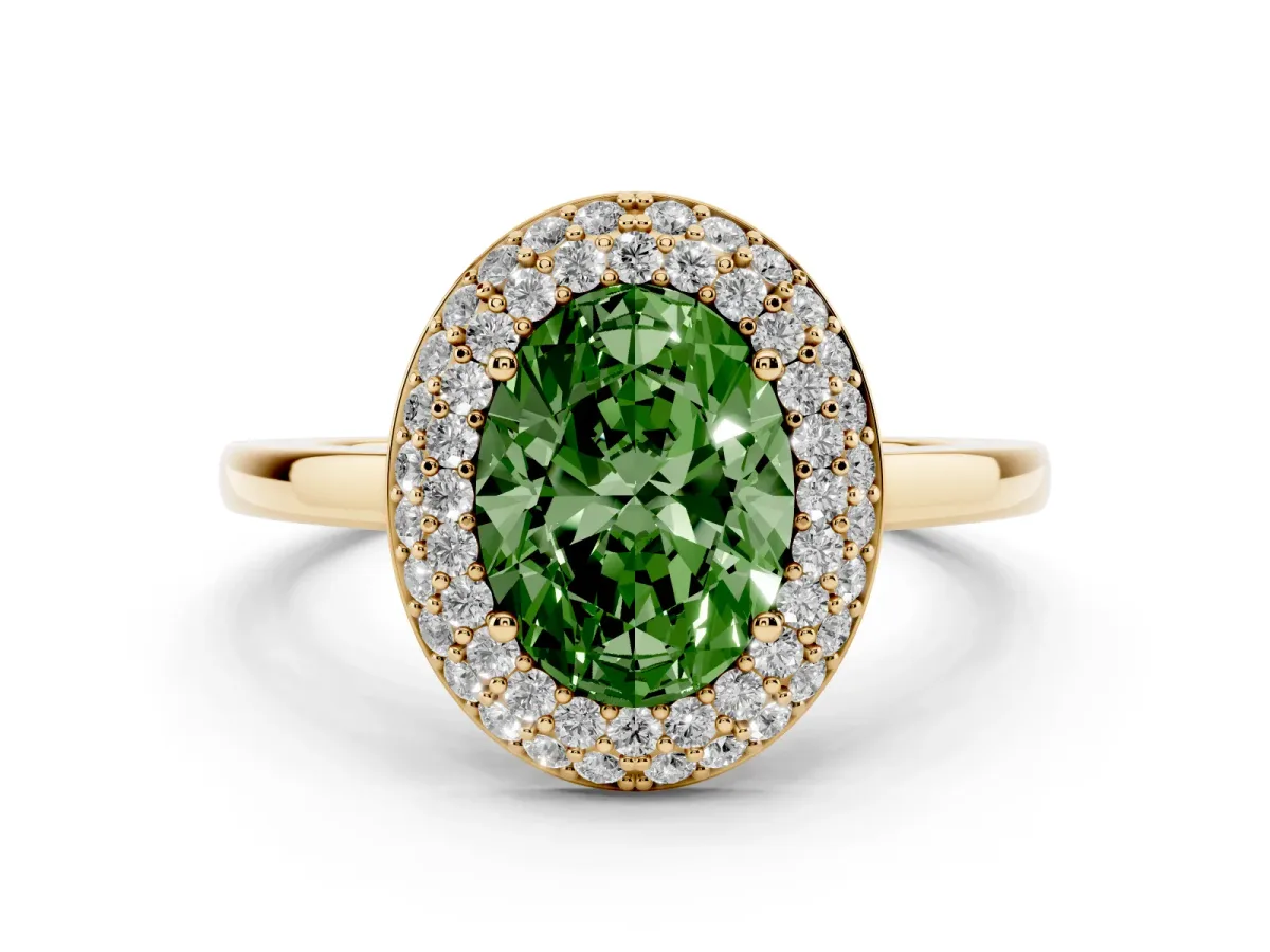Fancy Green Oval Cut Halo Diamond Engagement Ring with Solitaire Band and Four-Prong Setting Yellow gold
