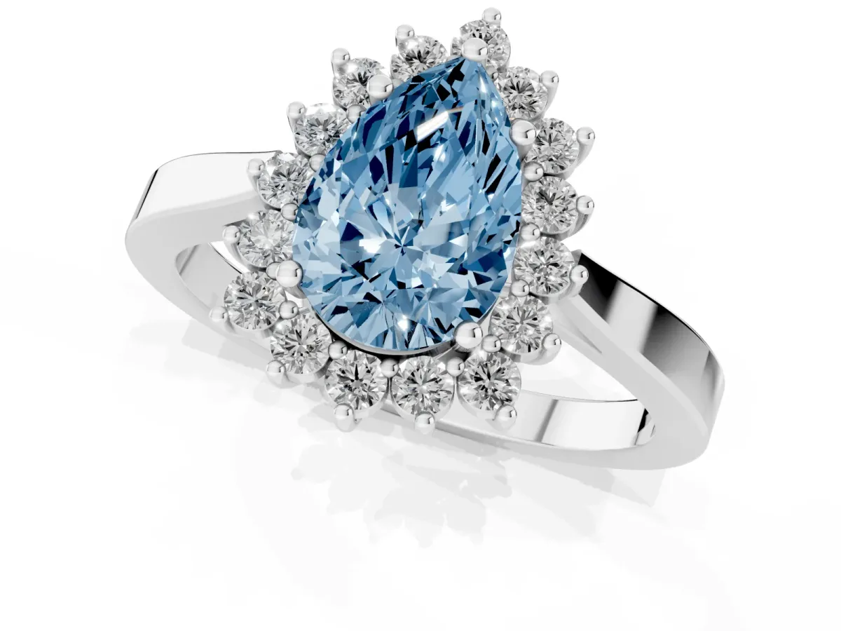 Fancy Blue Pear Cut Cut Diamond Halo Ring with Round Brilliant Halo and Solitaire Band Platinum