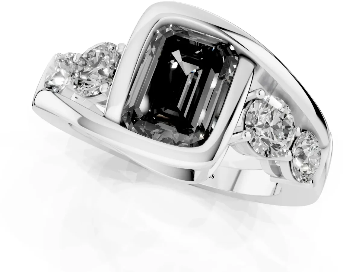 Fancy Black Bezel Set Emerald Cut Diamond Bypass Ring with Round Accents White gold