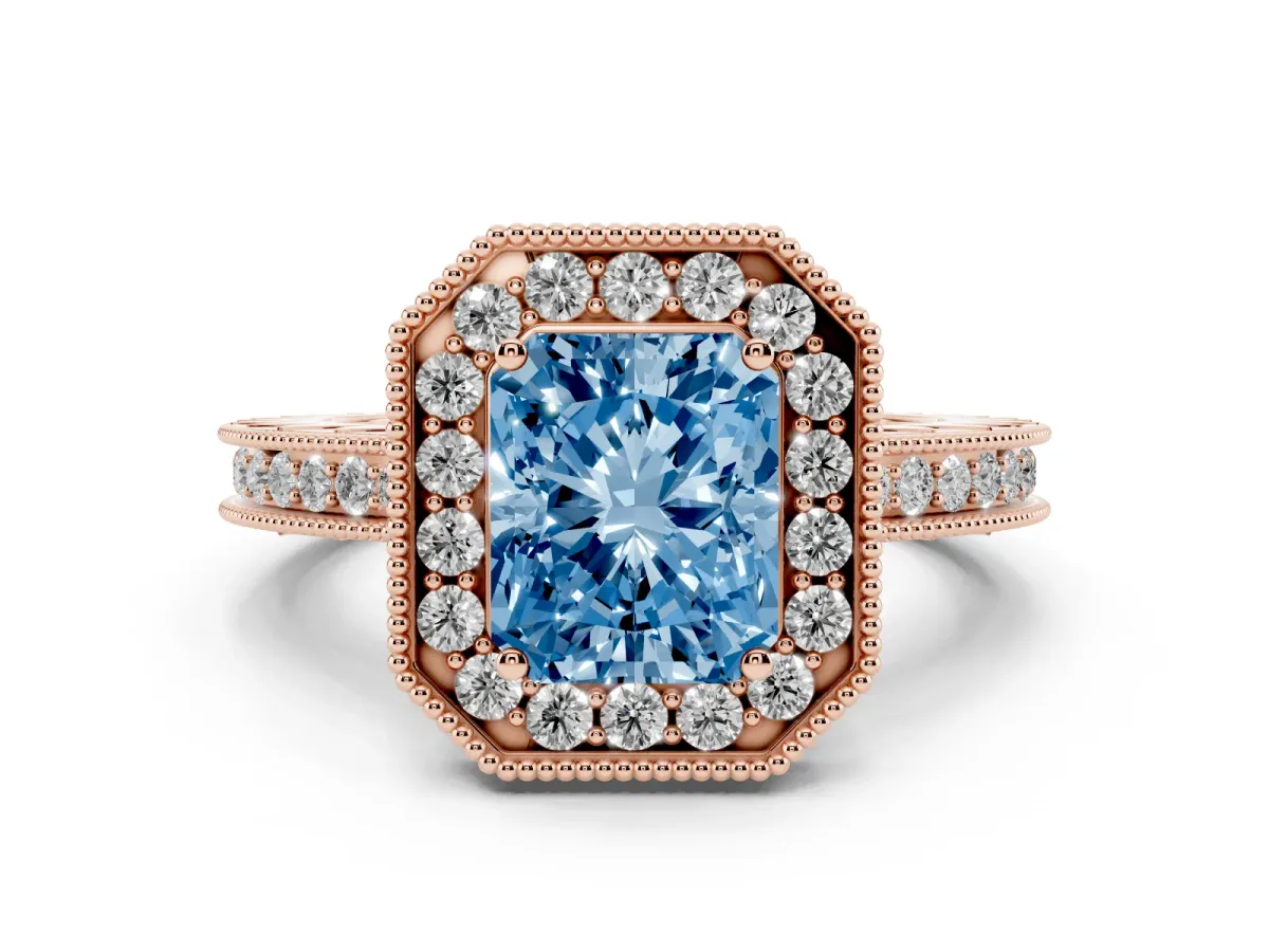 Fancy Blue Radiant Cut Diamond Milgrain Halo Engagement Ring with Round Pavé Band and Prong Setting Rose gold