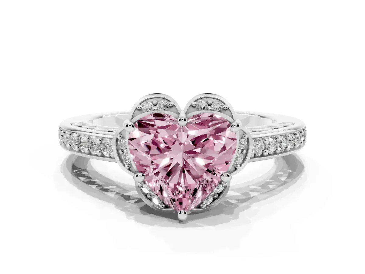 Fancy Pink Heart Cut Cut Halo Diamond Ring with Channel Set Band and Four-Prong Setting Silver