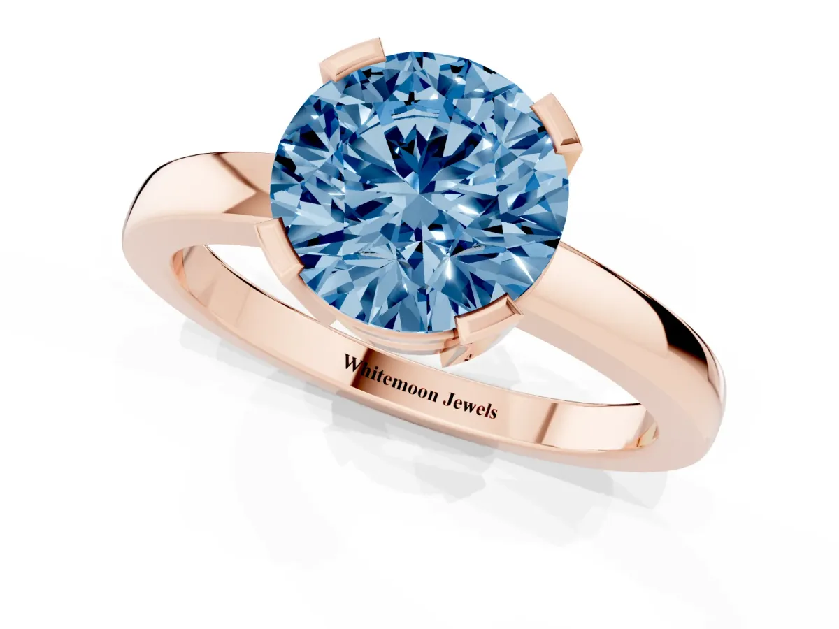 Fancy Blue Round Cut Cut Solitaire Ring with Four-Prong Setting and Classic Band Rose gold