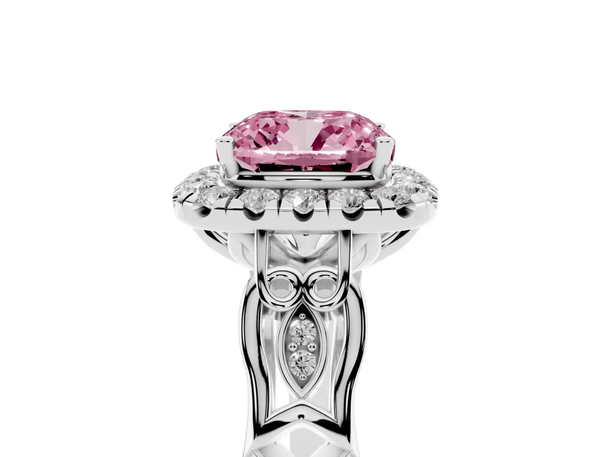 Fancy Pink Cushion Cut Halo Diamond Engagement Ring with Filigree Band and Four-Prong Setting Platinum
