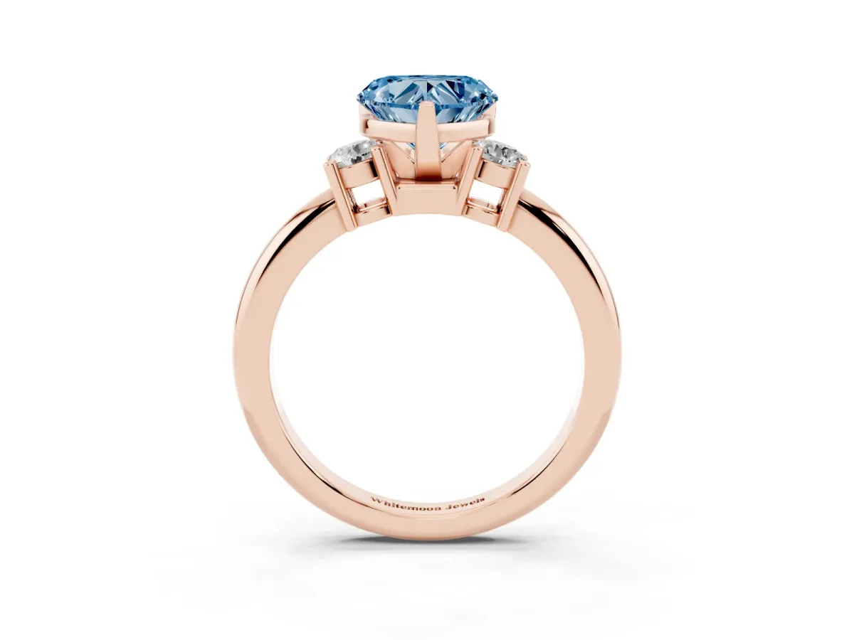 Fancy Blue Three-Stone Heart Cut Cut Diamond Solitaire with Prong Setting and Classic Band Rose gold