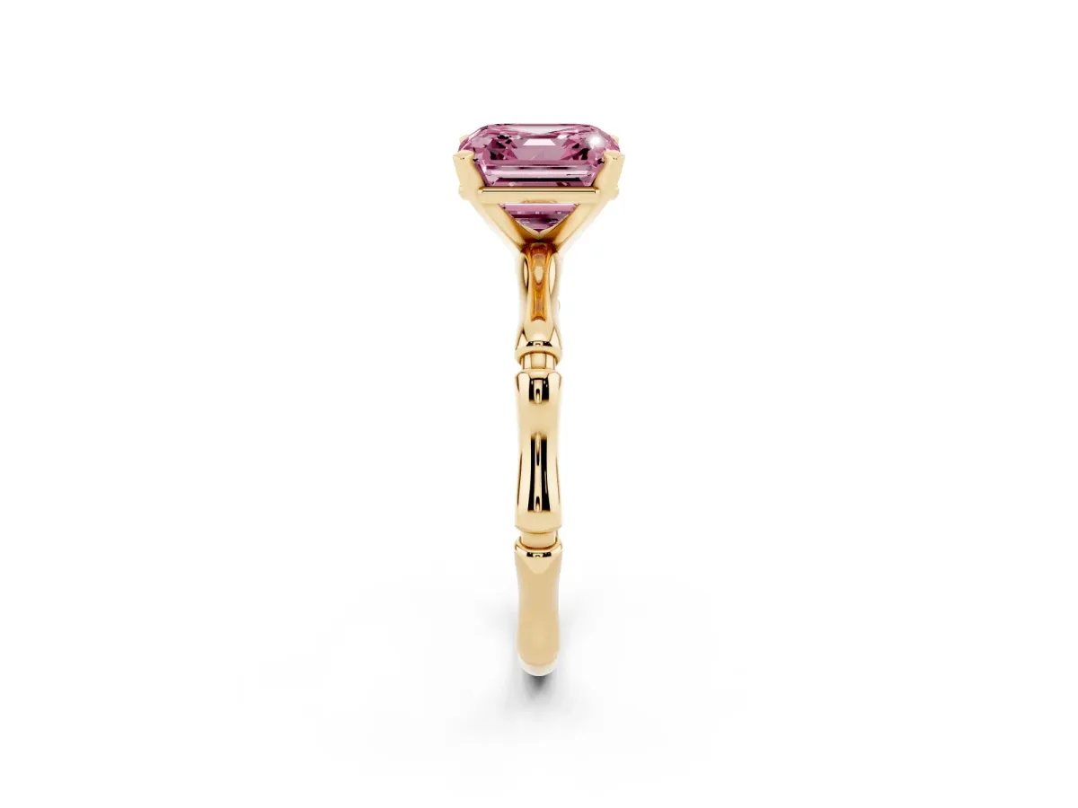 Fancy Pink Asscher Cut Solitaire Diamond Ring with Bamboo Band and Four-Prong Setting Yellow gold