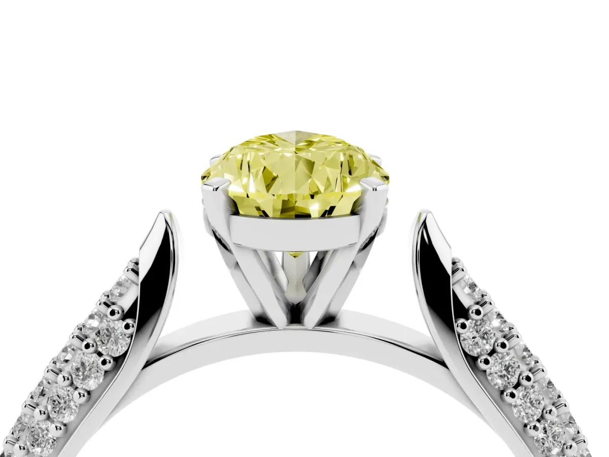 Fancy Yellow Pear Cut Diamond Solitaire Engagement Ring with Multi-Row Round Pavé Band and Prong Setting Silver