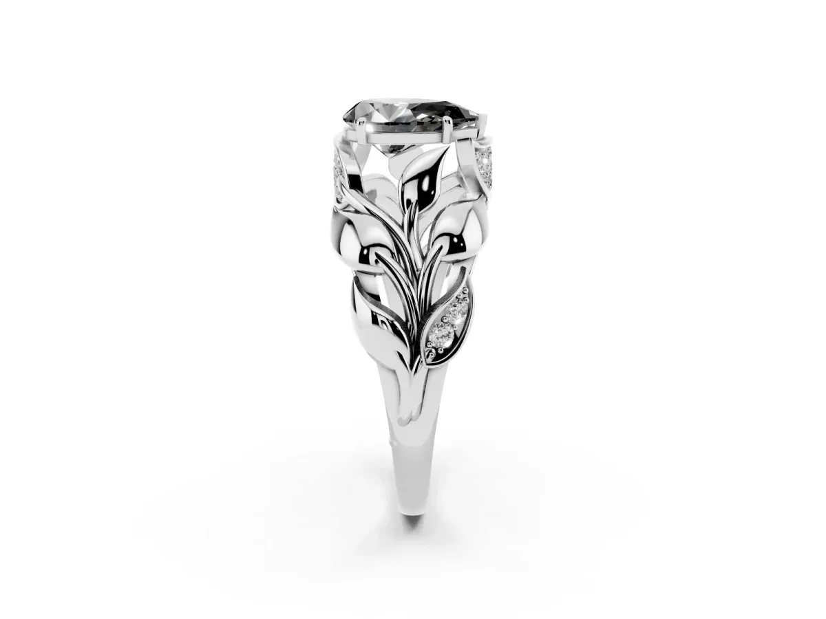Fancy Black Pear Cut Diamond Leaf-Inspired Engagement Ring with Round Accents and Prong Setting Silver