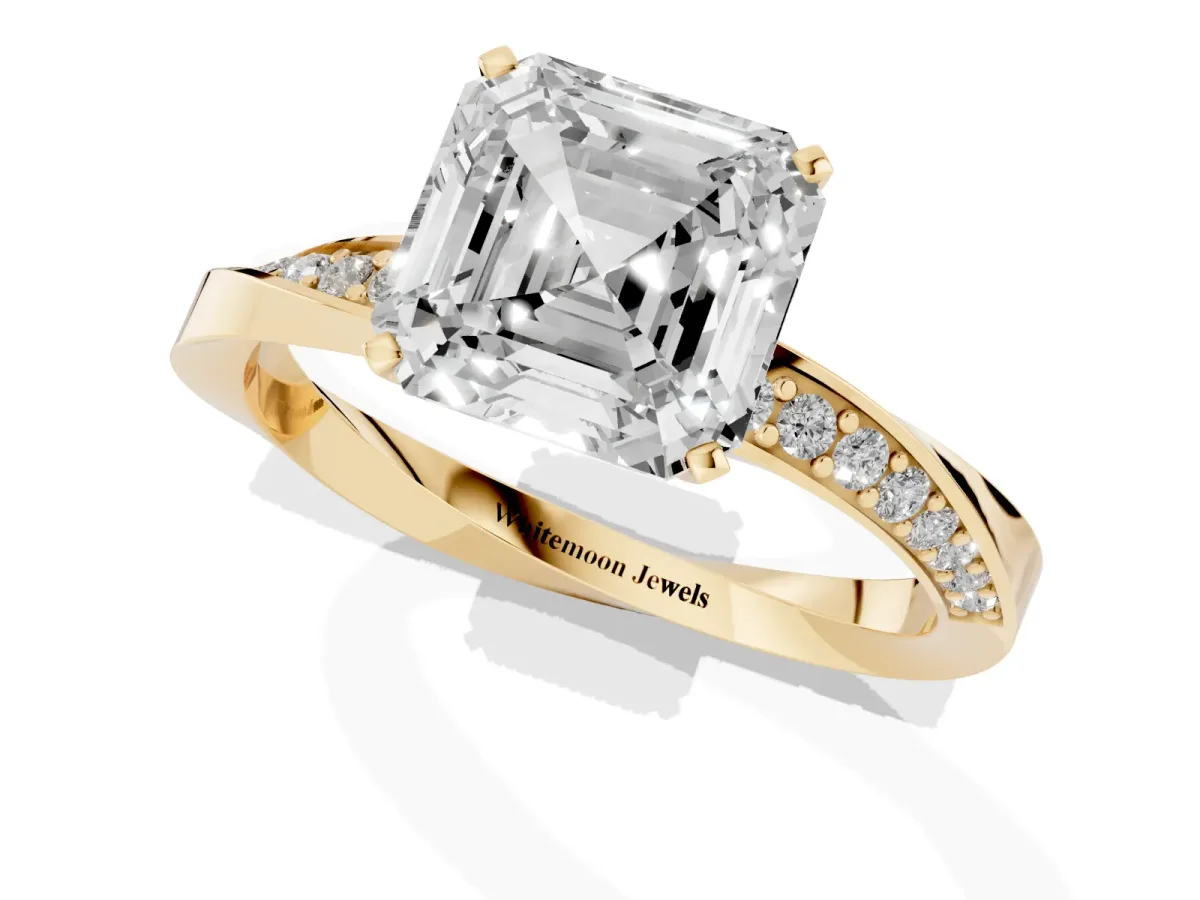 Asscher Cut Diamond Engagement Ring with Side Stone Accents and Four-Prong Setting Yellow gold