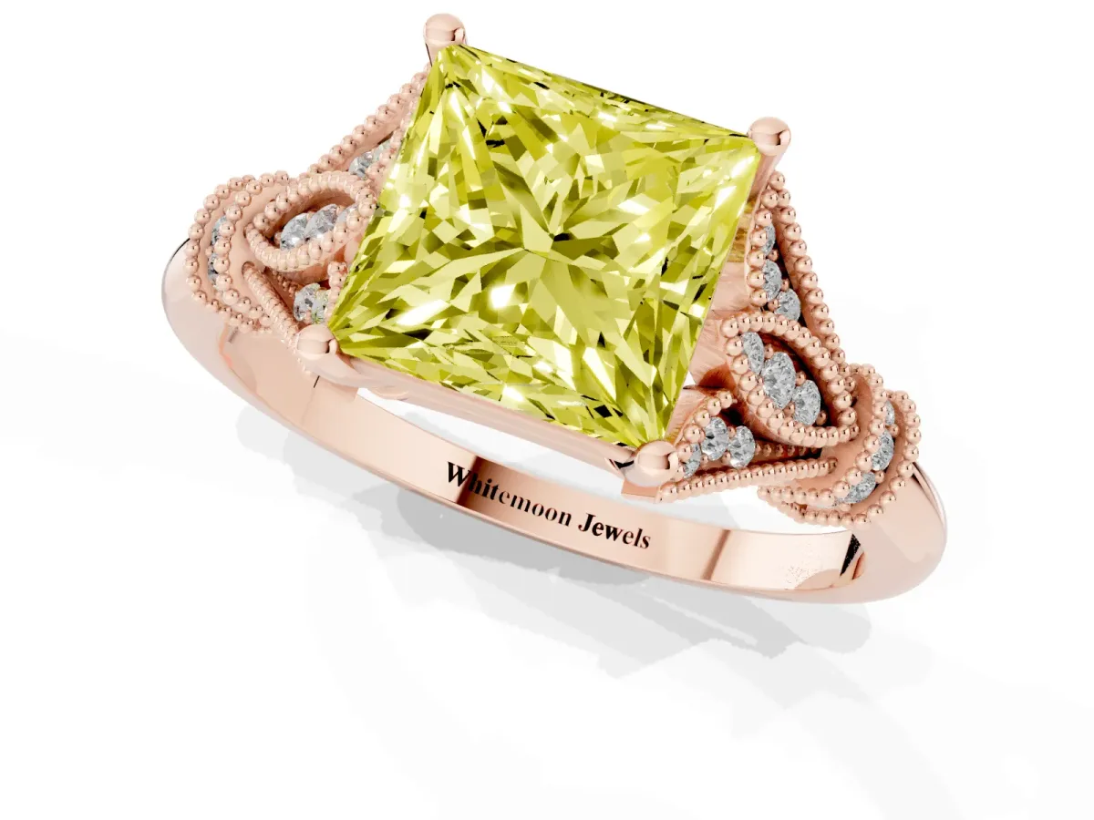 Fancy Yellow Princess Cut Diamond Solitaire Ring with Floral Filigree and Pave Accents Rose gold