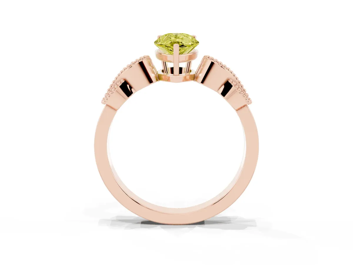 Fancy Yellow Pear Cut Solitaire Milgrain Leaf Band with Prong Setting Rose gold