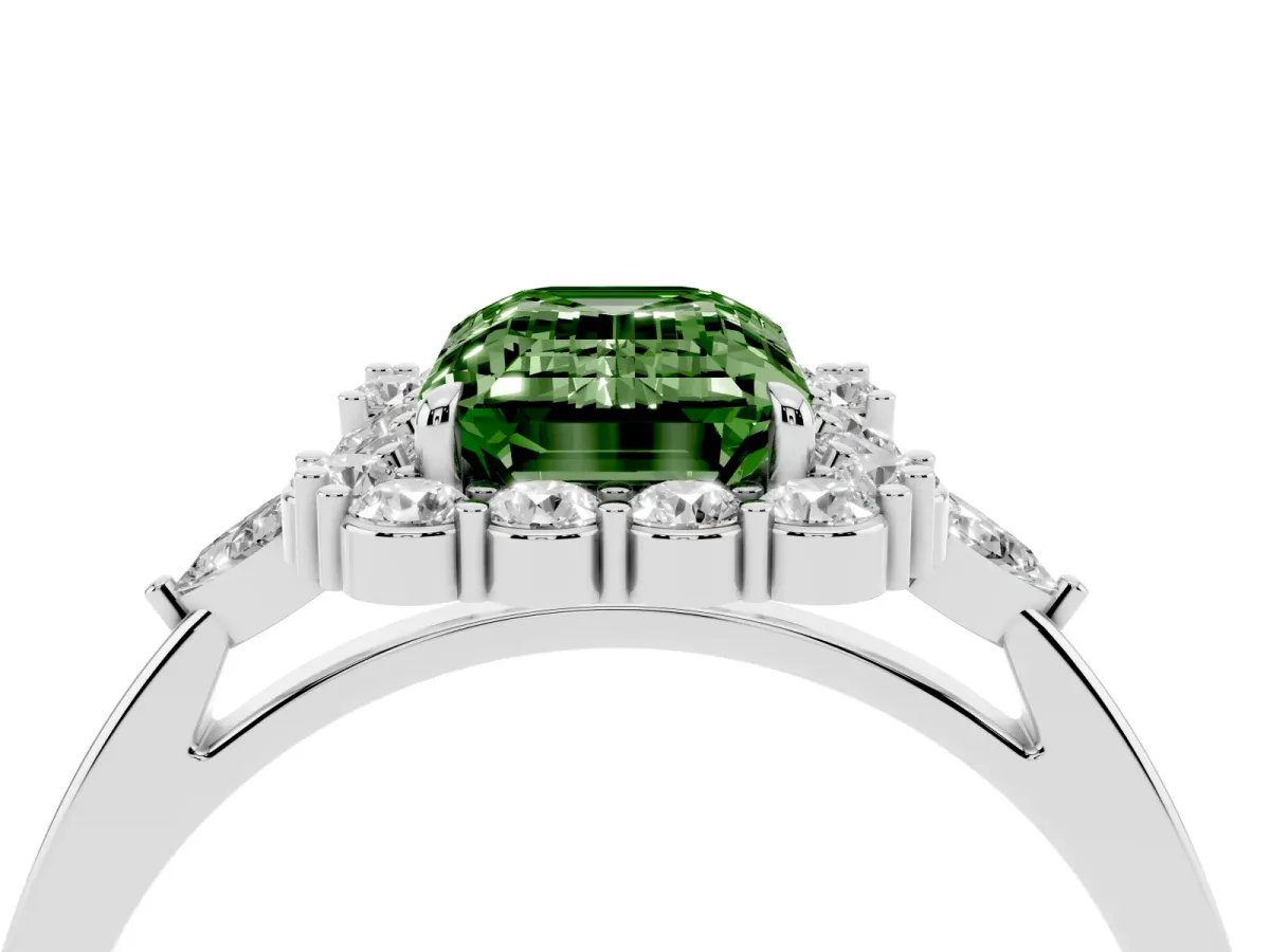 Fancy Green Emerald Cut Diamond Halo Ring with Pear Side Stones and Prong Setting Silver