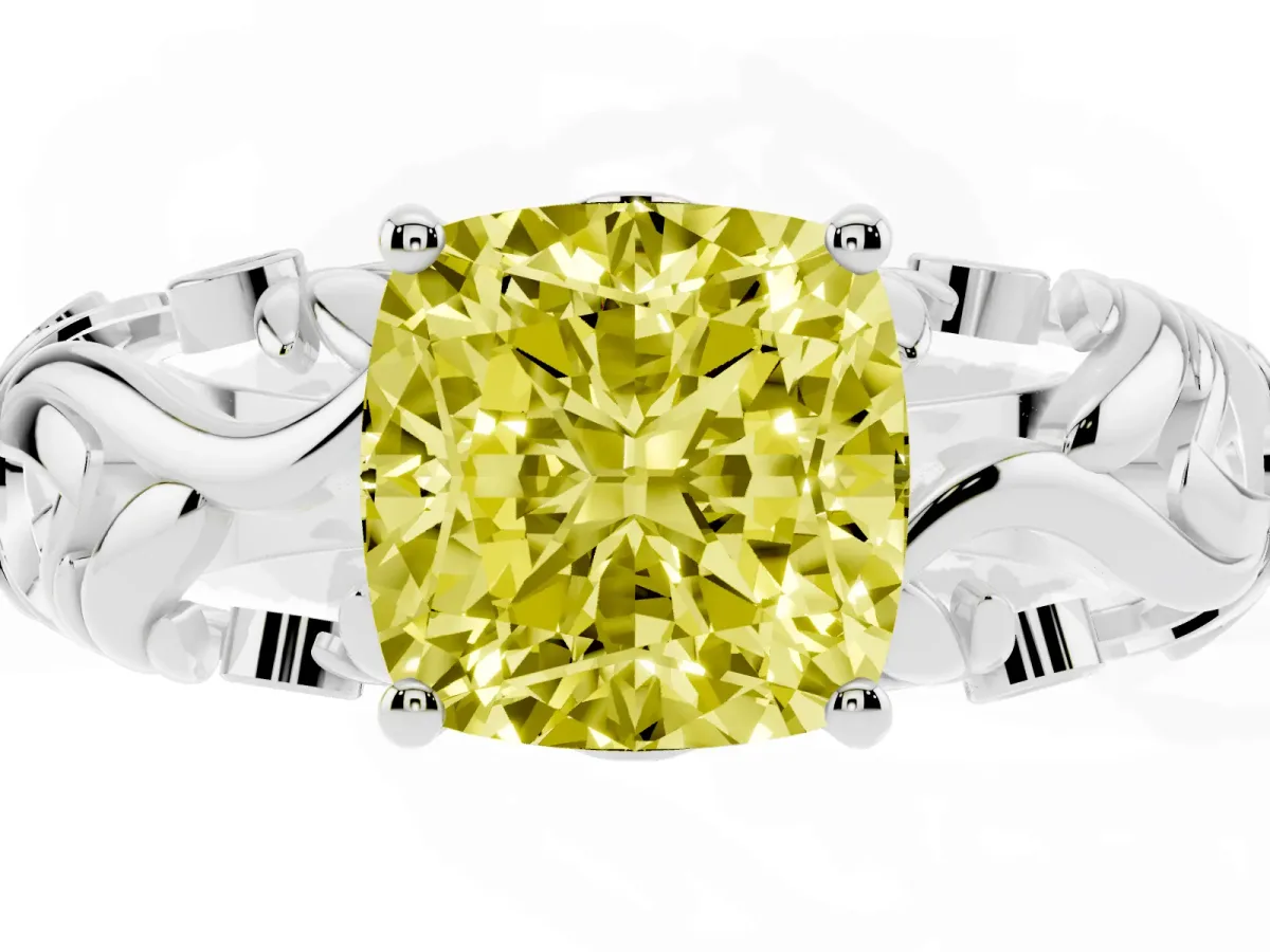 Fancy Yellow Cushion Cut Solitaire Diamond Leaf-Inspired Vine Band Ring with Prong Setting Platinum