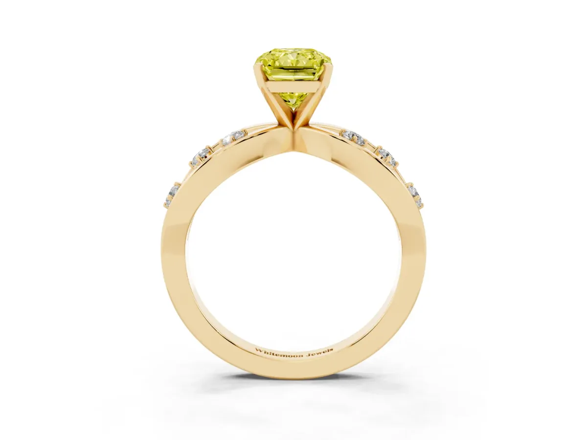Fancy Yellow Radiant Cut Cut Solitaire Diamond with Side Stones on Criss-Cross Band and Four-Prong Setting Yellow gold