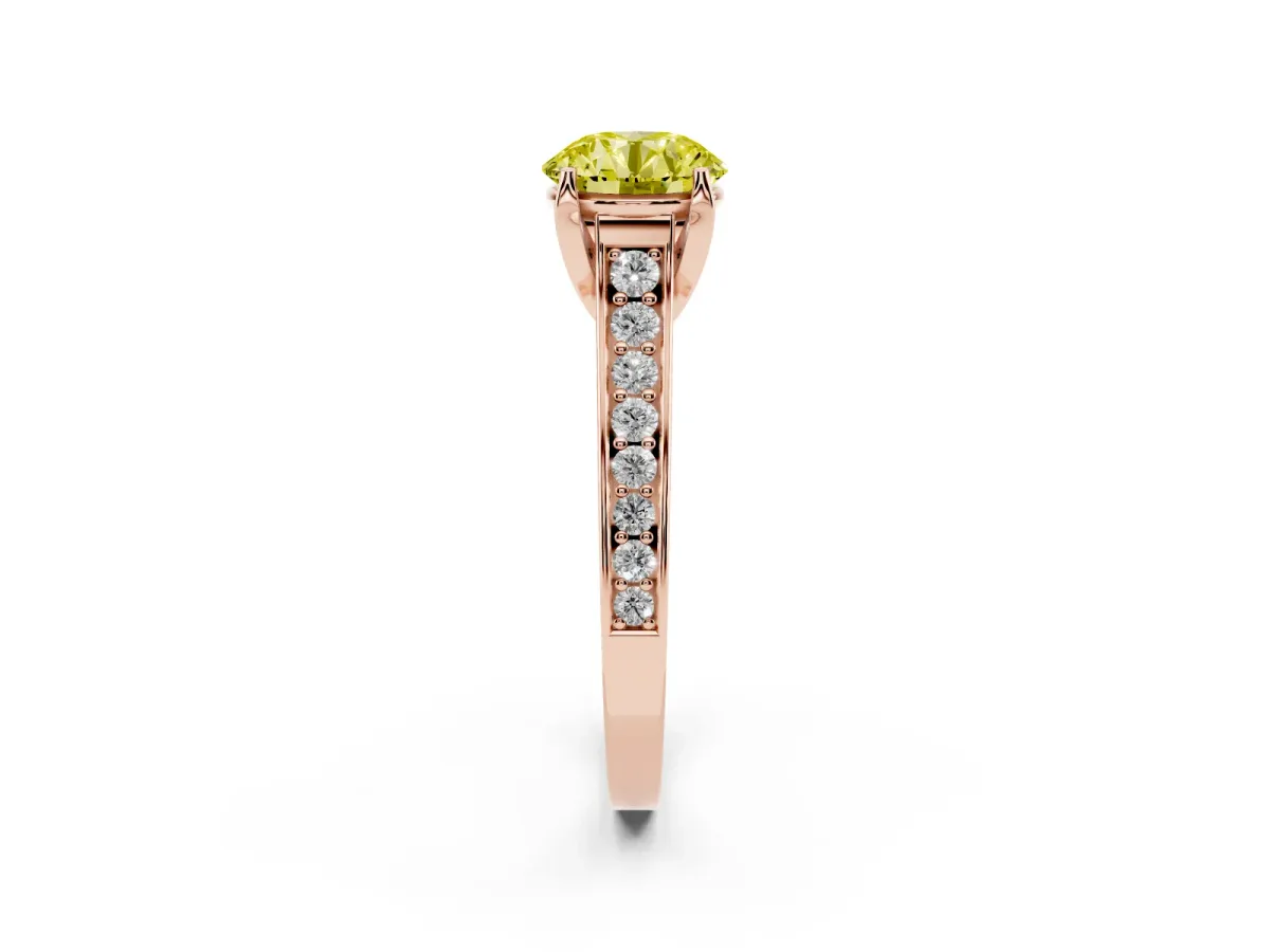 Fancy Yellow Round Cut Brilliant Cut Diamond Engagement Ring with Pavé Band and Four-Prong Setting Rose gold