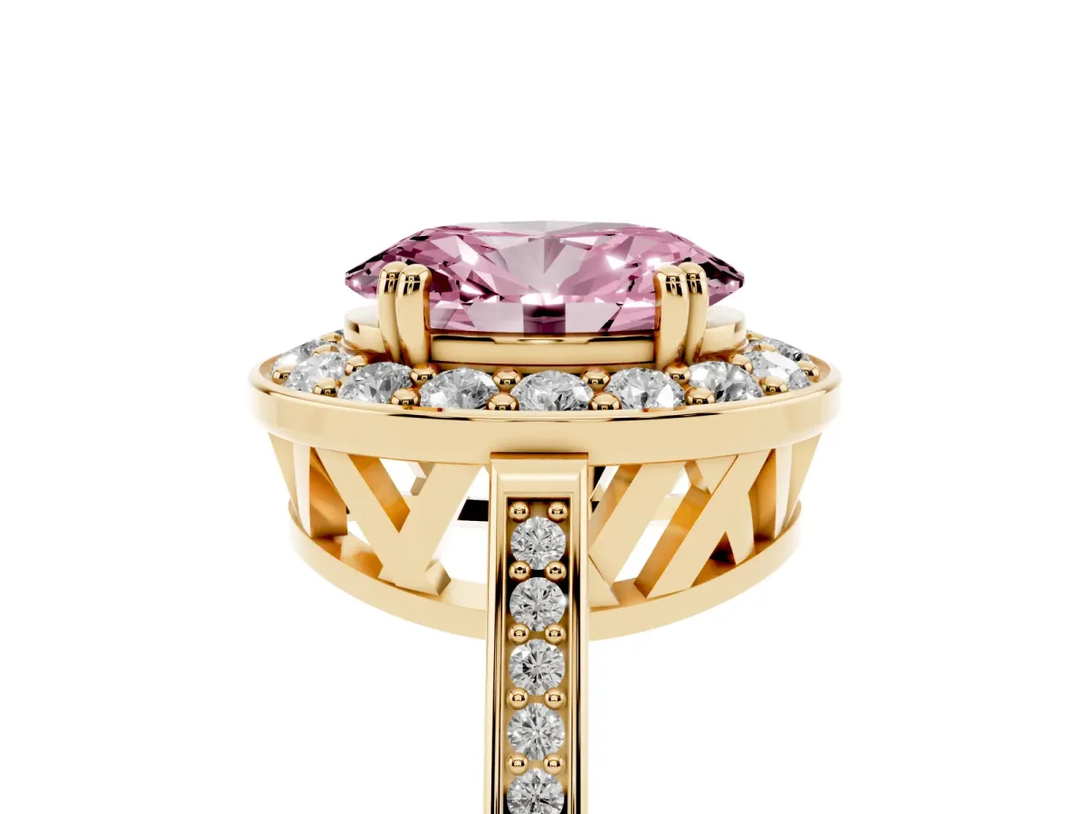 Fancy Pink Oval Cut Diamond Halo Ring with Split Shank and Four-Prong Setting Yellow gold