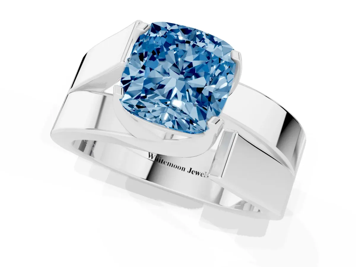 Fancy Blue Modern Tension Set Cushion Cut Diamond Solitaire Wide Band Ring Silver