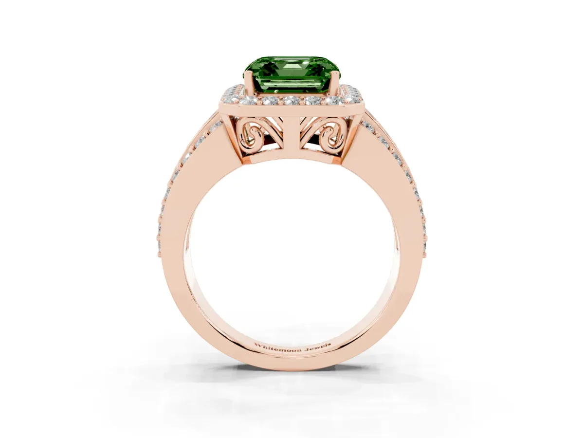 Fancy Green Asscher Cut Halo Diamond Ring with Round Split Shank and Prong Setting Rose gold