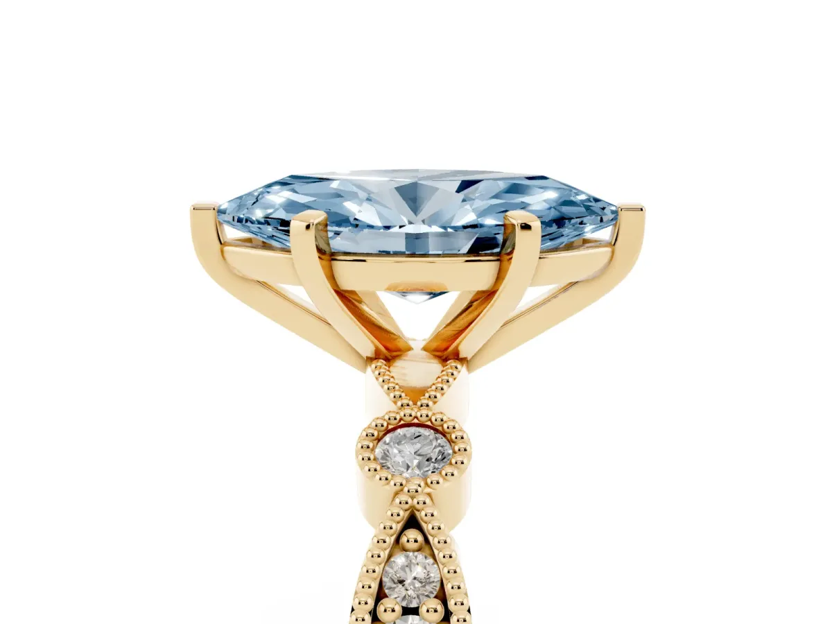 Fancy Blue Marquise Cut Milgrain Bezel Diamond Engagement Ring with Solitaire Prong Setting Yellow gold