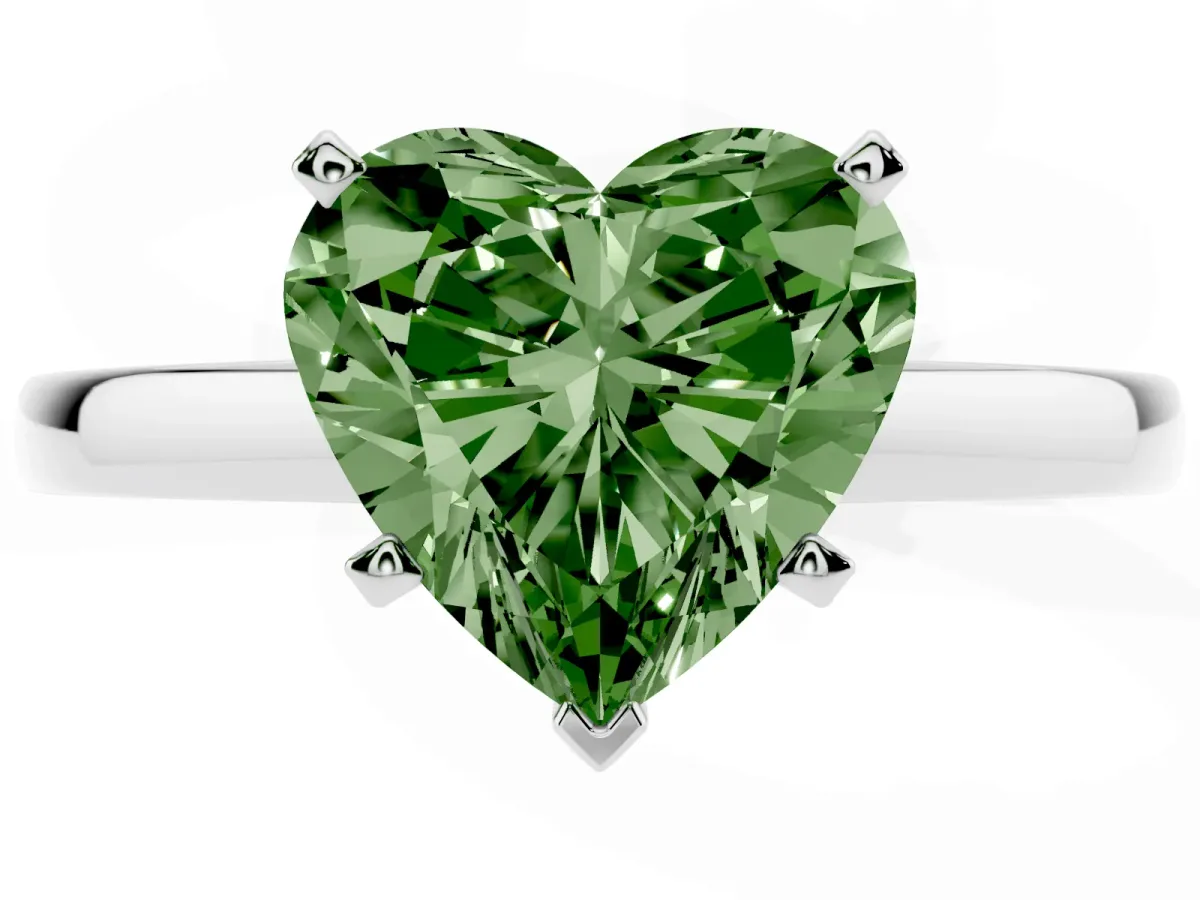 Fancy Green Heart Cut Solitaire Diamond Engagement Ring with Four-Prong Setting on a Classic Band Silver