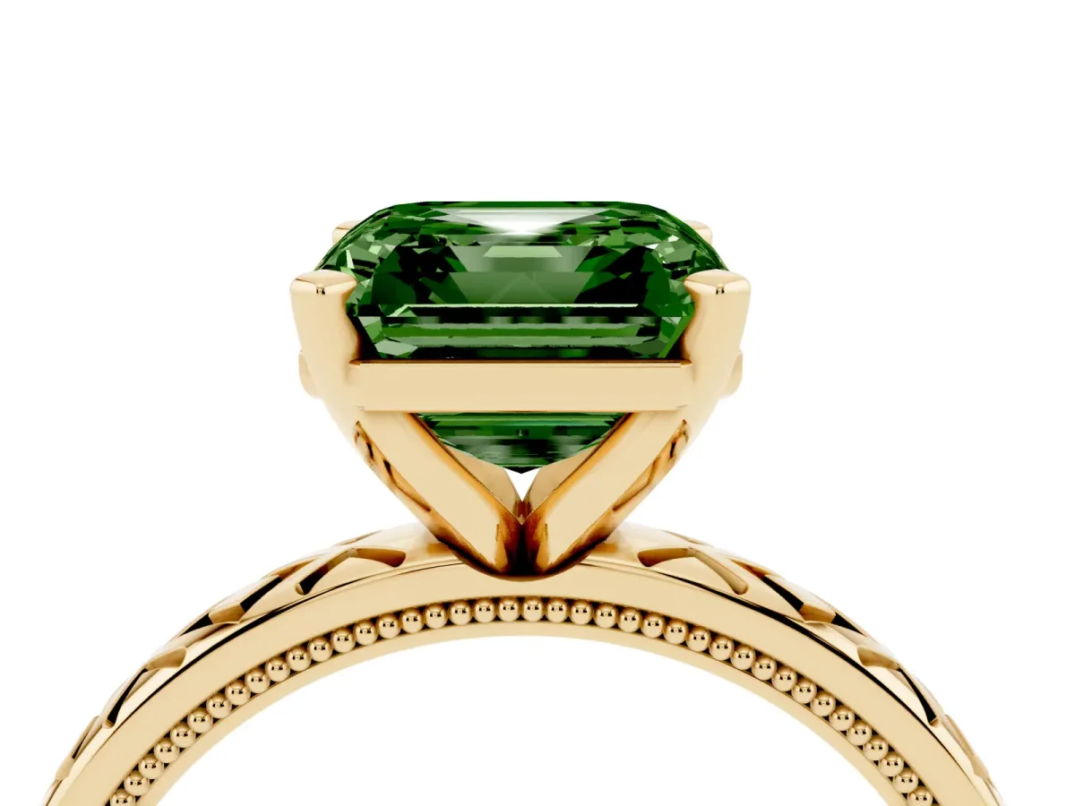 Fancy Green Asscher Cut Solitaire Diamond Ring with Milgrain and Black Enamel X Pattern Band Yellow gold