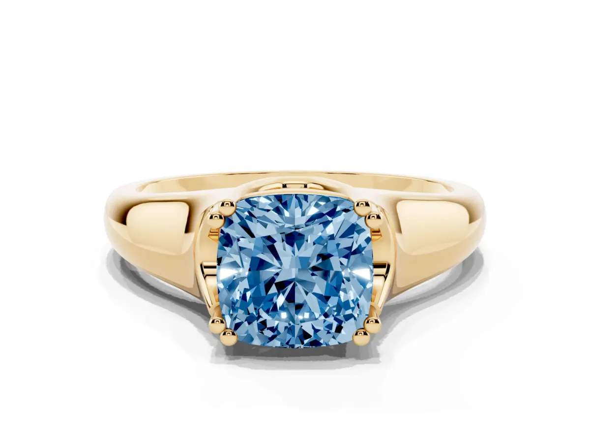 Fancy Blue Cushion Cut Diamond Solitaire Ring with Wide Band and Prong Setting Yellow gold