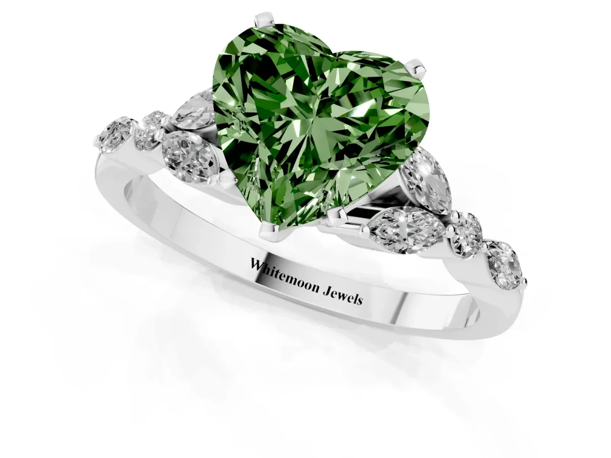 Fancy Green Heart Cut Diamond Solitaire Ring with Side Stones and Four-Prong Setting Silver