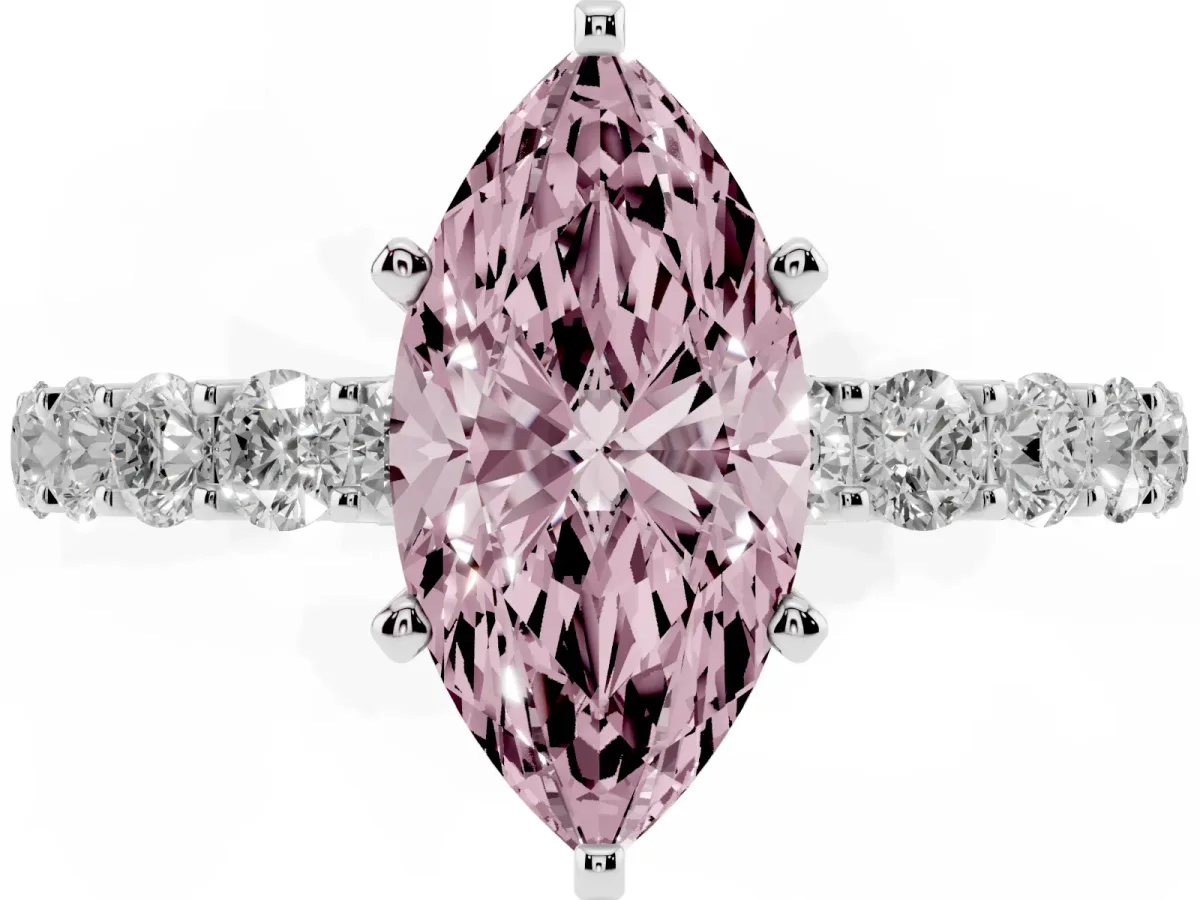Fancy Pink Marquise Cut Diamond Solitaire Ring with Shared Prong Pavé Band and Four-Prong Setting Silver