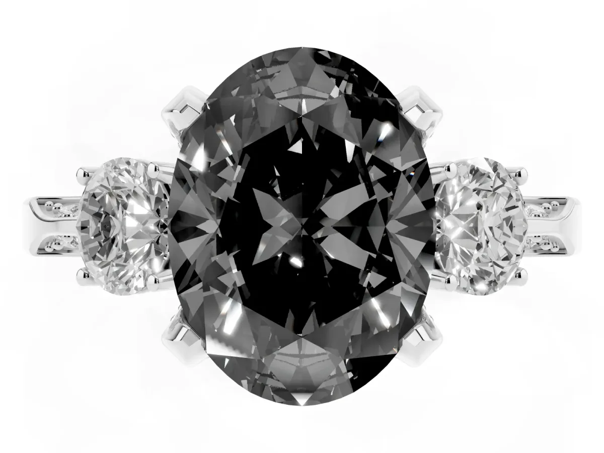 Fancy Black Oval Cut Brilliant Three-Stone Diamond Ring with Pavé Band and Four-Prong Setting White gold